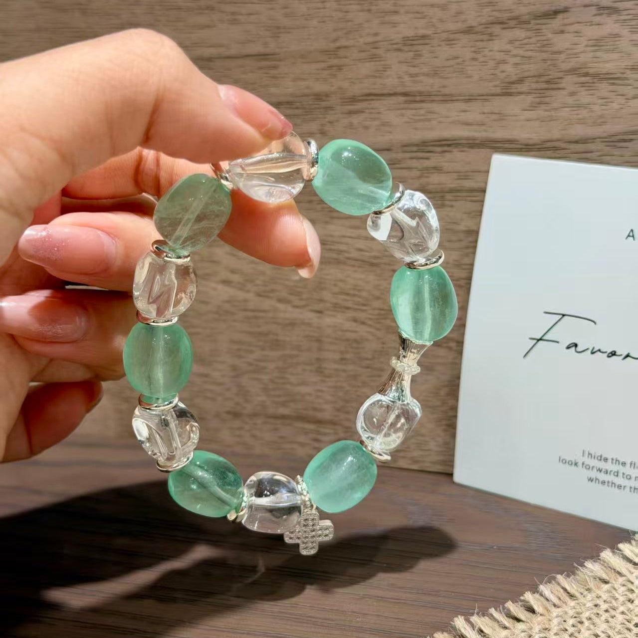 Natural Green Fluorite & Freeform Clear Quartz Charm Bracelet