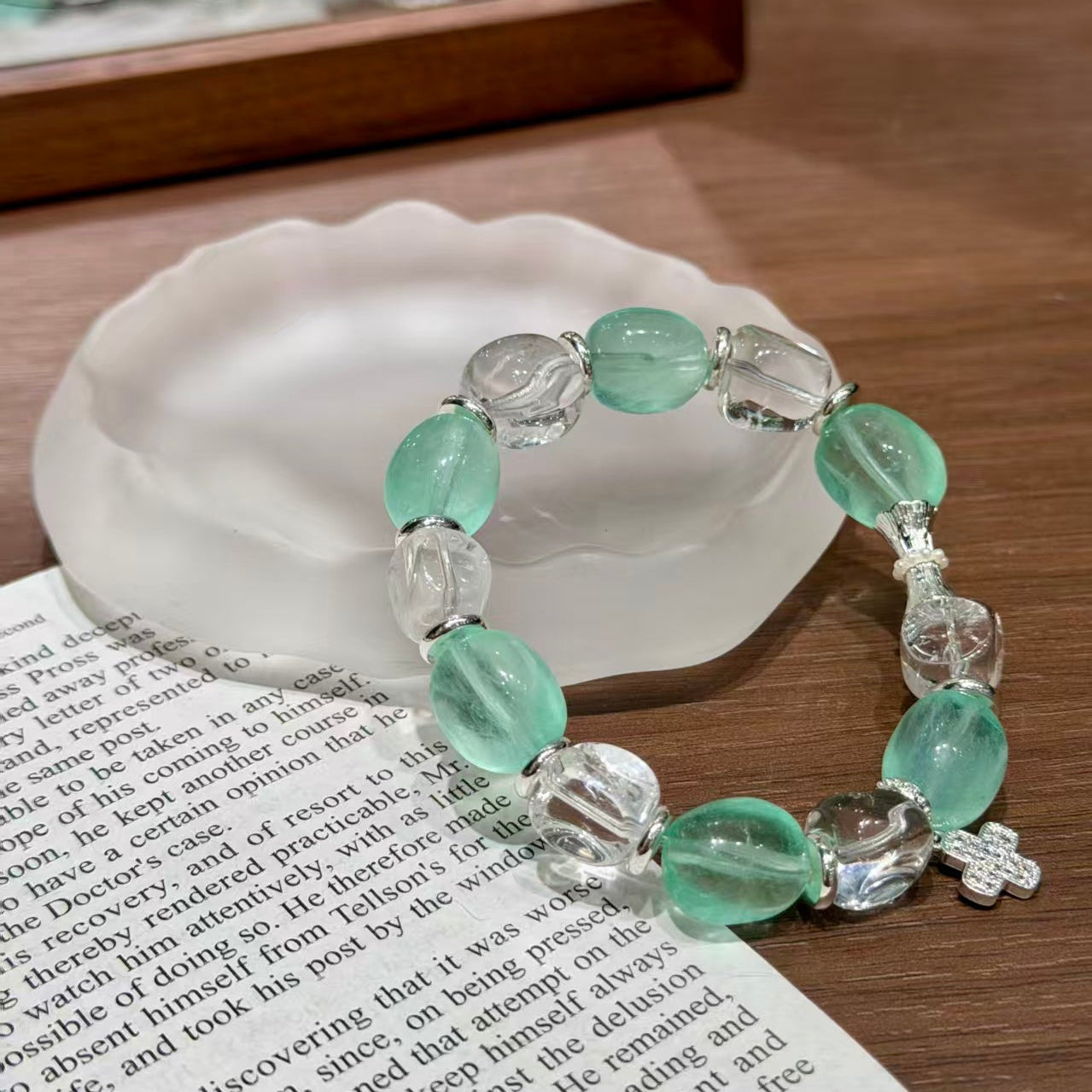 Natural Green Fluorite & Freeform Clear Quartz Charm Bracelet