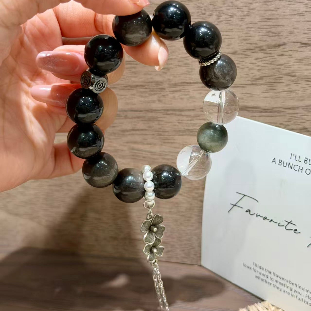 Natural Silver Obsidian & Hawk's Eye Protection Charm Bracelet
