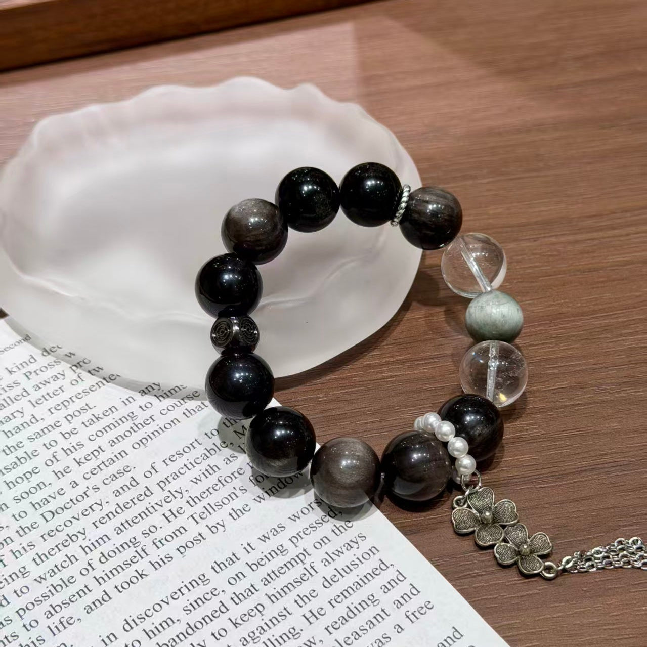 Natural Silver Obsidian & Hawk's Eye Protection Charm Bracelet