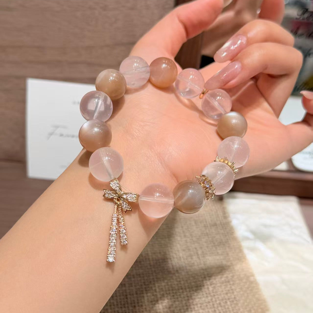 Natural Rose Quartz & Moonstone Bow Charm Crystal Bracelet