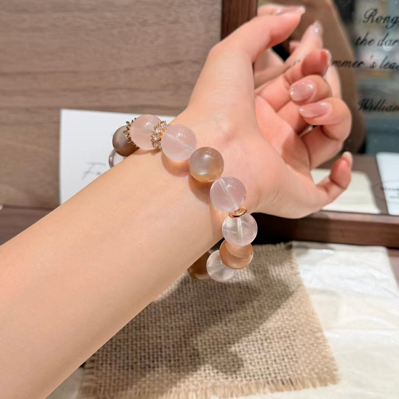 Natural Rose Quartz & Moonstone Bow Charm Crystal Bracelet