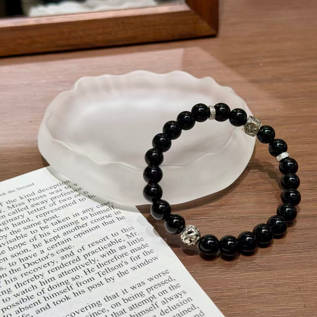 Natural Black Obsidian Vintage Silver Protection Crystal Bracelet