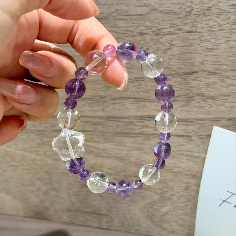 Natural Amethyst & Clear Quartz Celestial Star Crystal Bracelet